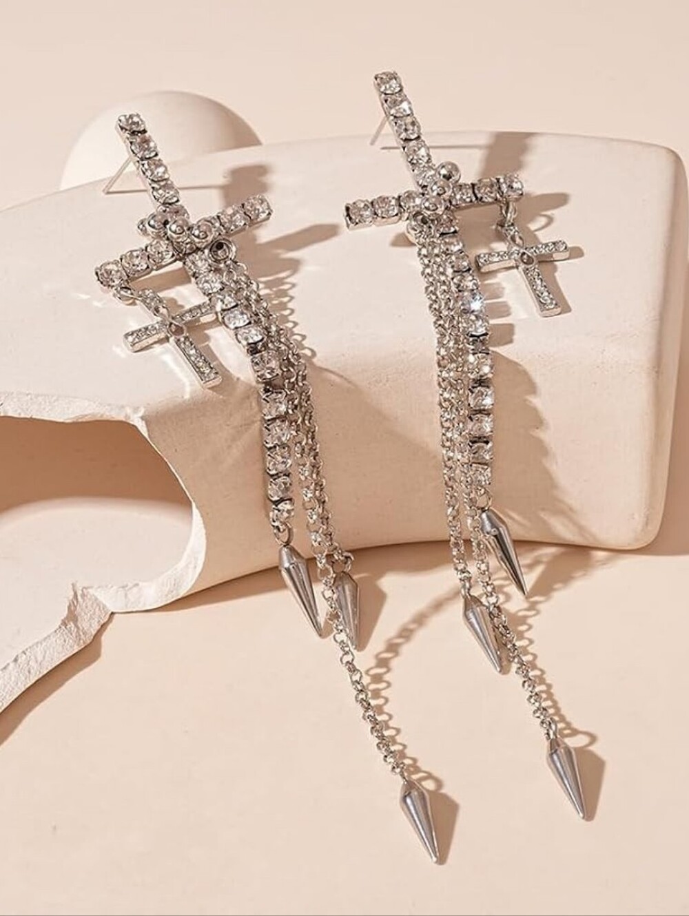 Silver Tone Cross Rhinestone Tassel Dangle Earrings - Picture 2 of 3